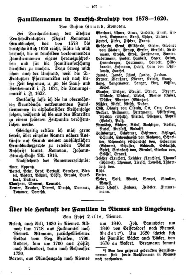 Familiennamen in Deutsch-Kralupp von 1578-1620 - Über die Herkunft der Familien in Niemes und Umgebung