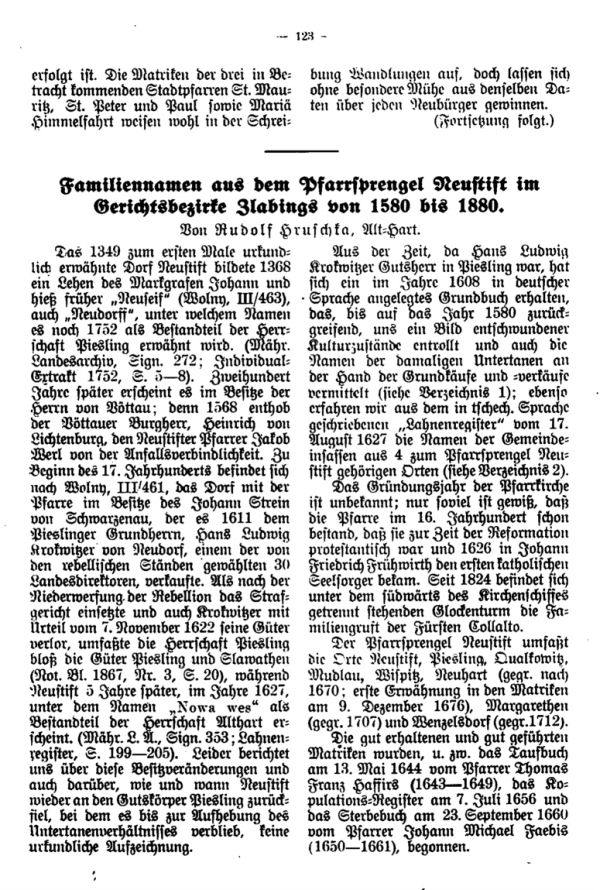 Familiennamen aus der Pfarrsprengel Neustift im Gerichtsbezirke Zlabings von 1580 bis 1880 - 1