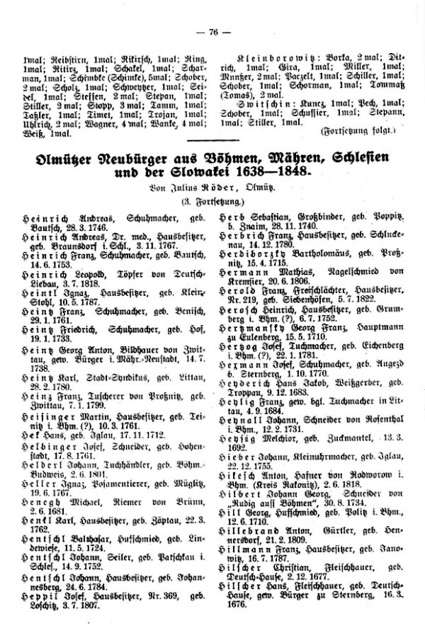 Olmützer Neubürger aus Böhmen, Mähren, Schlesien und der Slowakei 1688-1848 - 1