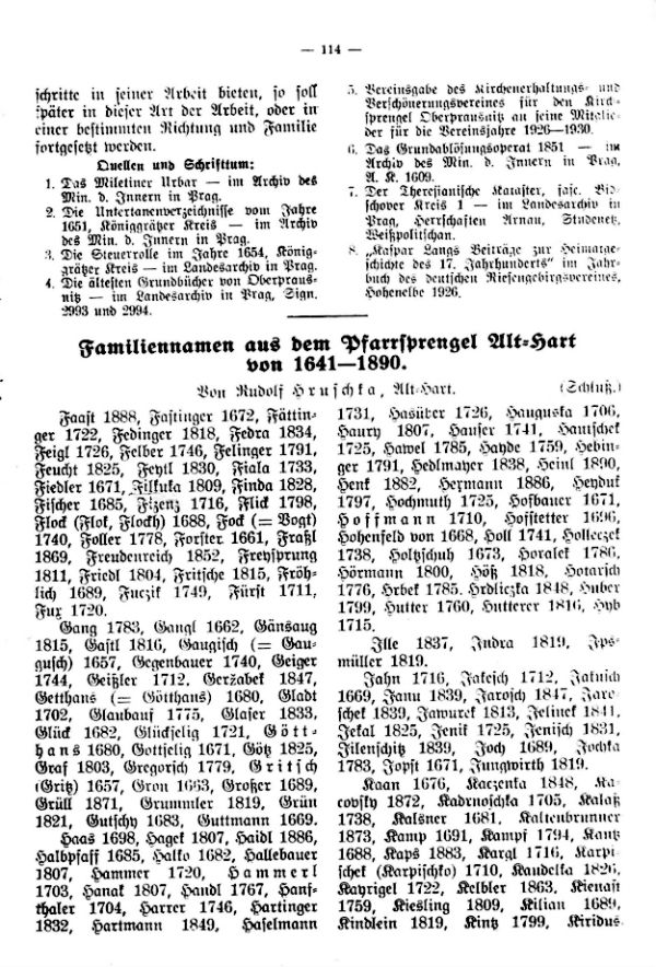 Familiennamen aus dem Pfarrsprengel Alt-Hart von 1641-1890 - 1