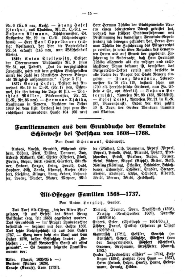 Familiennamen aus dem Grundbuche der Gemeinde Schönwehr bei Petschau von 1608-1768 - Alt-Ossegger Familiennamen 1568-1737