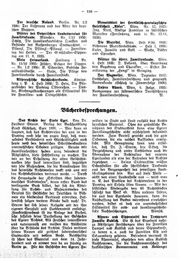 Bücherbesprechungen - Familienblatt der Zippefamilien. Das Archiv der Stadt Eger - Ahnen- und Sippentafel der Troppauer Familie Kudlich