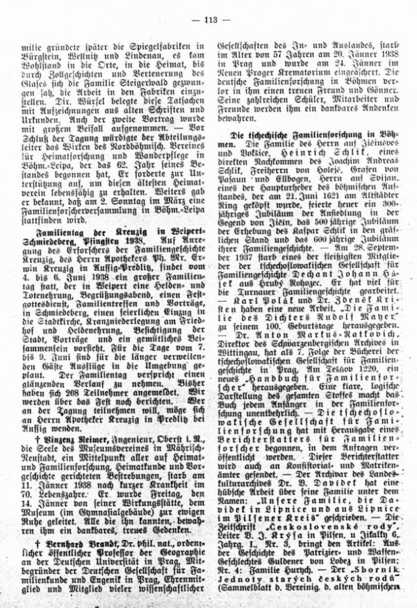 Die tschechische Familienforschung in Böhmen - Familientag der Kreuzig in Weipert-Schmiedeberg, Pfingsten 1938 - + Vinzenz Reimer - + Bernhard Brandt