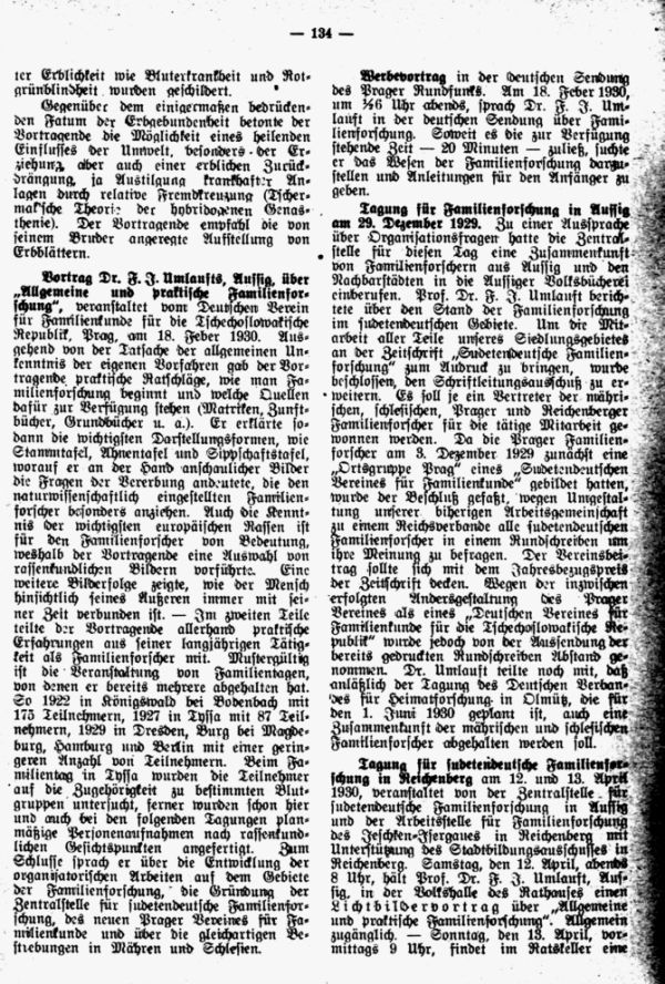 Vortrag Dr. F. J. Umlaufts, Aussig, über 'Allgemeine und praktische Familienforschung' - Werbevortrag im Prager Radio