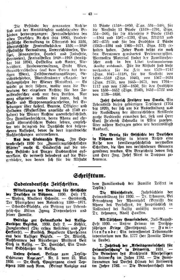 Schrifttum - Aus der Stadtarchiv Prag - Josef Heinrich Freiherr von Smola