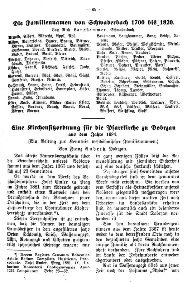 Die Familiennamen von Schwaderbach 1700-1820 - Eine Kirchensitzordnung für die Pfarrkirche zu Dobrzan aus dem Jahre 1684