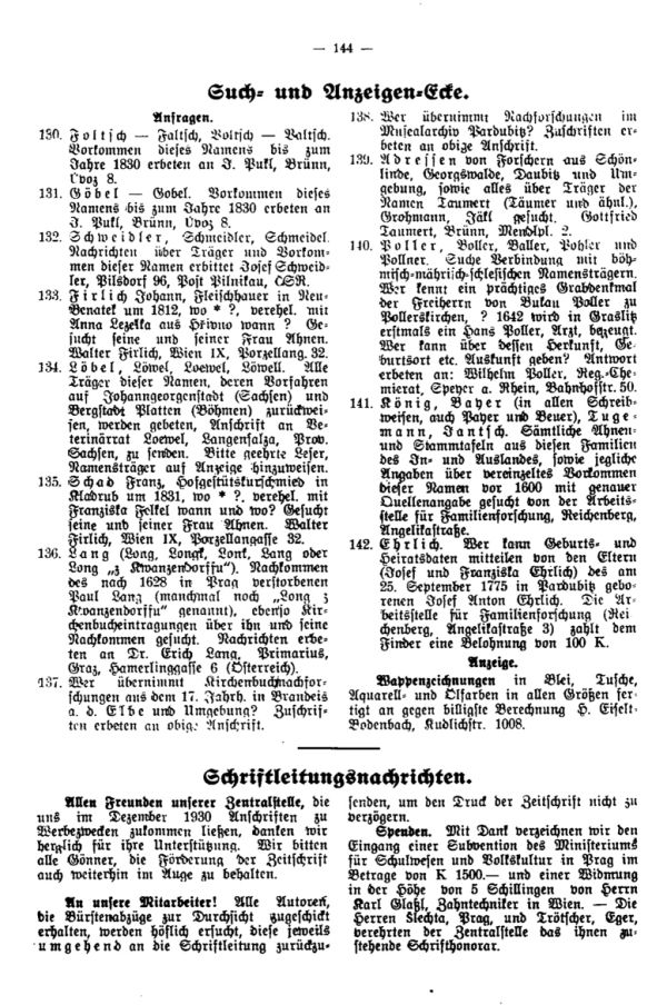Schriftleitungsnachrichten - Such- und Anzeigeecke