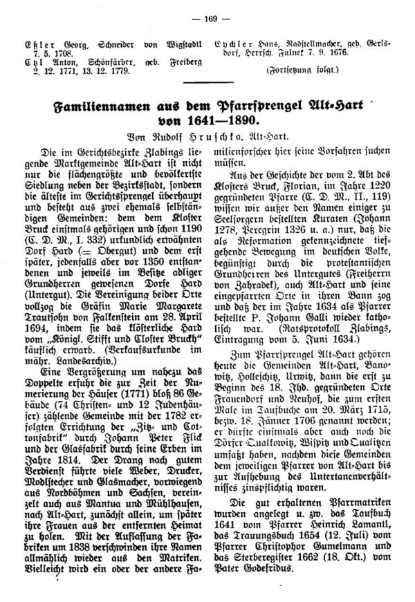 Familiennamen aus dem Pfarrsprengel Alt-Hart von 1641-1890 - 1