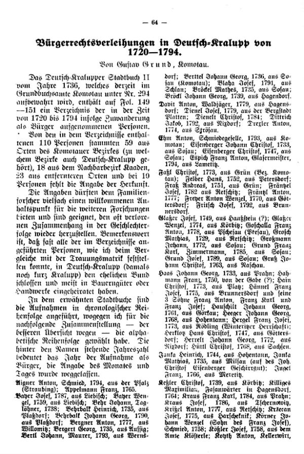 Bürgerrechtsverleihungen in Deutsch-Kralupp von 1720-1794