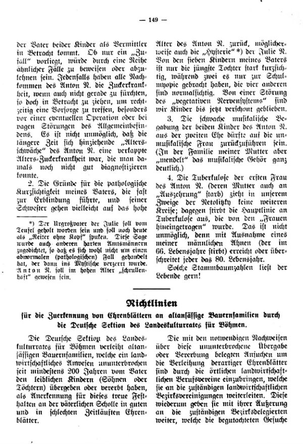 Richtlinien für die Zuerkennung von Ehrenblättern an alteingessesene Bauernfamilien durch die Deutsche Sektion des Landeskulturamtes in Böhmen - 1
