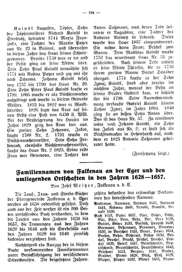 Familiennamen von Falkenau an der Eger und den umliegenden Ortschaften in den Jahren 1628-1657 - 1