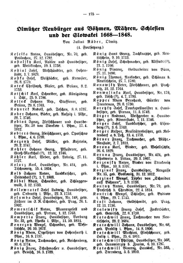 Olmützer Neubürger aus Böhmen, Mähren, Schlesien und der Slowakei 1688-1848 - 1