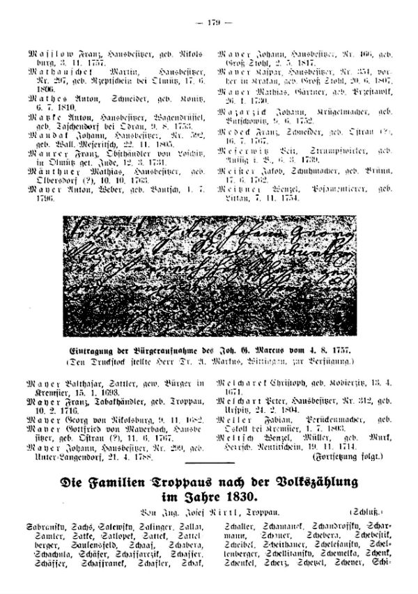 Die Familien Troppaus nach der Volkszählung im Jahre 1830