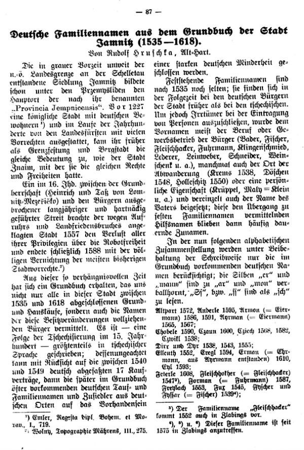 Deutsche Familiennamen aus dem Grundbuch der Stadt Jamnitz (1535-1618) - 1