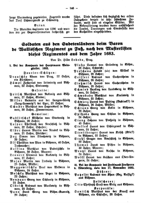 Soldaten aus den Sudetenländern beim Baron de Walischen Regiment zu Fuß, nach den Musterlisten dieses Regimentes aus dem Jahre 1683 - 1