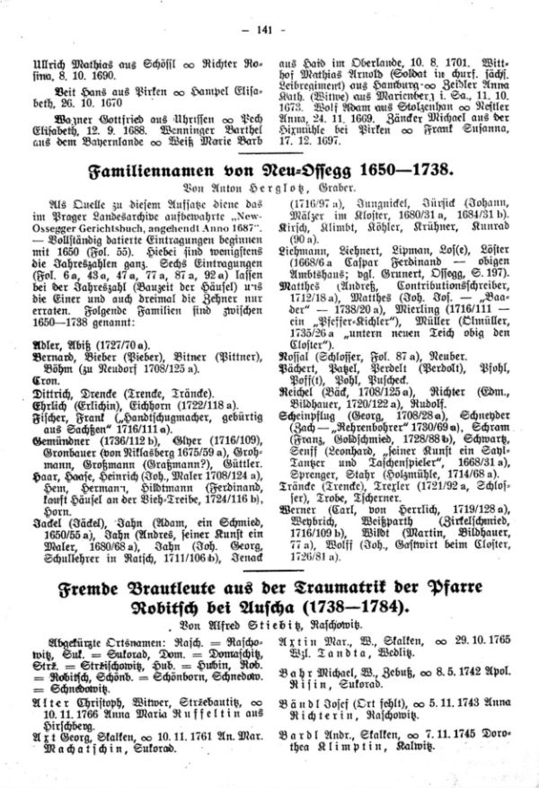 Neu-Ossegger Familiennamen 1650-1738 - Fremde Brautleute aus der Traumatrik der Pfarre Robitsch bei Auscha (1738-1784) - 1