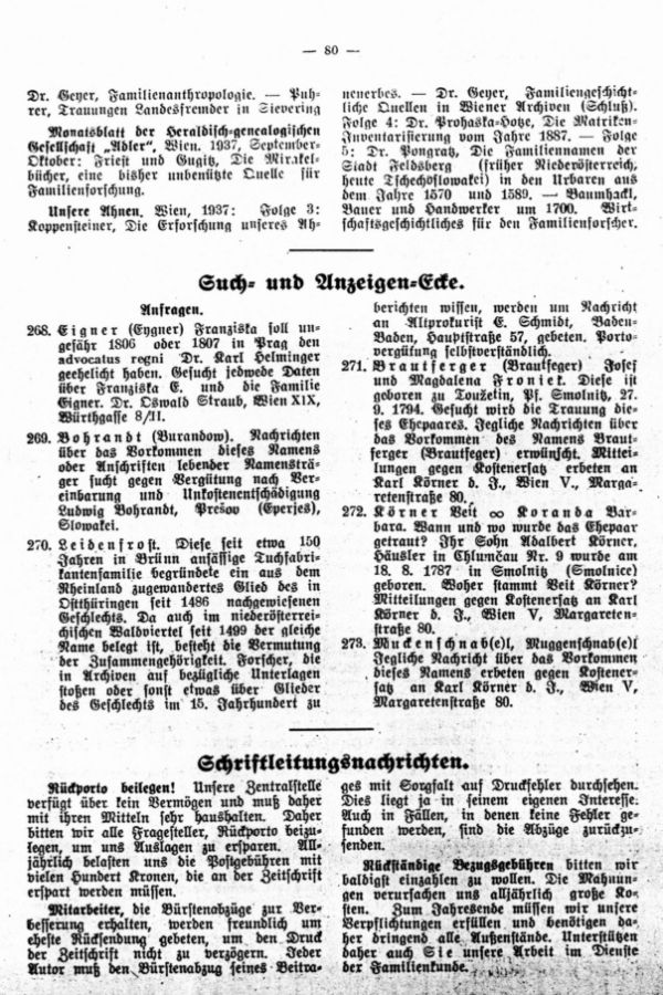 Such- und Anzeigenecke - Schriftleitungsnachrichten