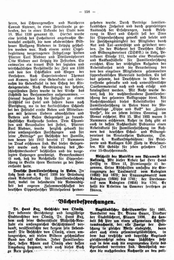 Dr. Karl Kux: Geschichte von Olmütz - Abschrift der Matriken von Bärnwald bei Rokitnitz