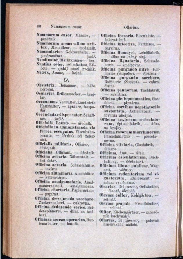 Teil 3  Latein - Deutsch - Böhmisch / von 'Nummorum cusor' bis 'Ollarius'